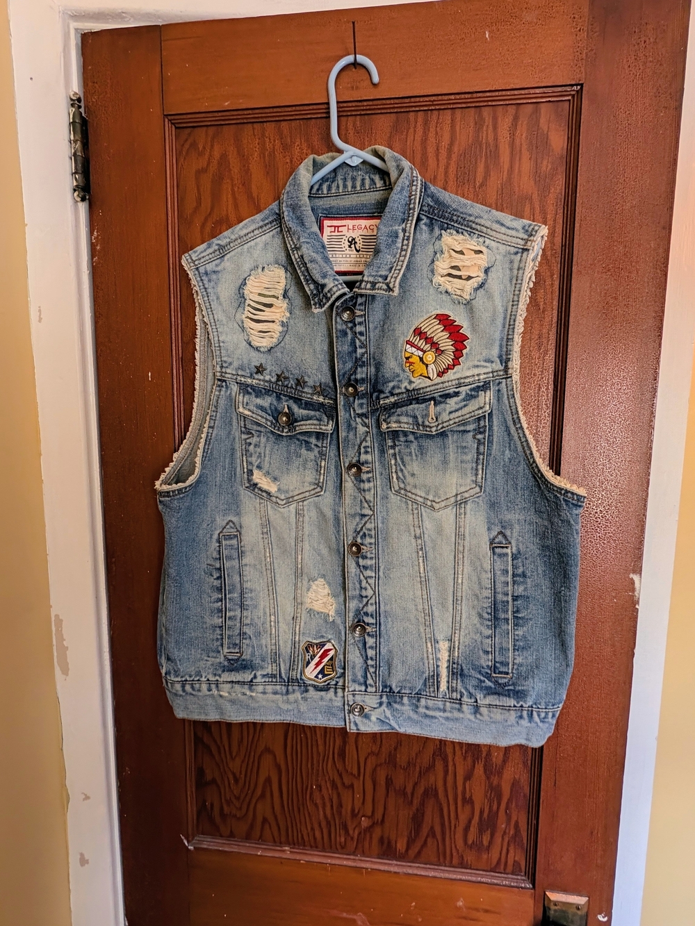 Jordan Craig Light Blue Distressed Denim Vest with Patches